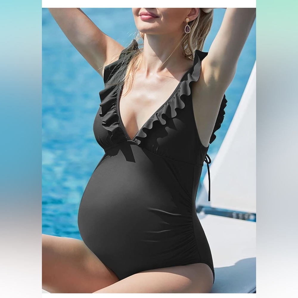 Maternity Ruffle V-Neck One-Piece Swimsuit — Black